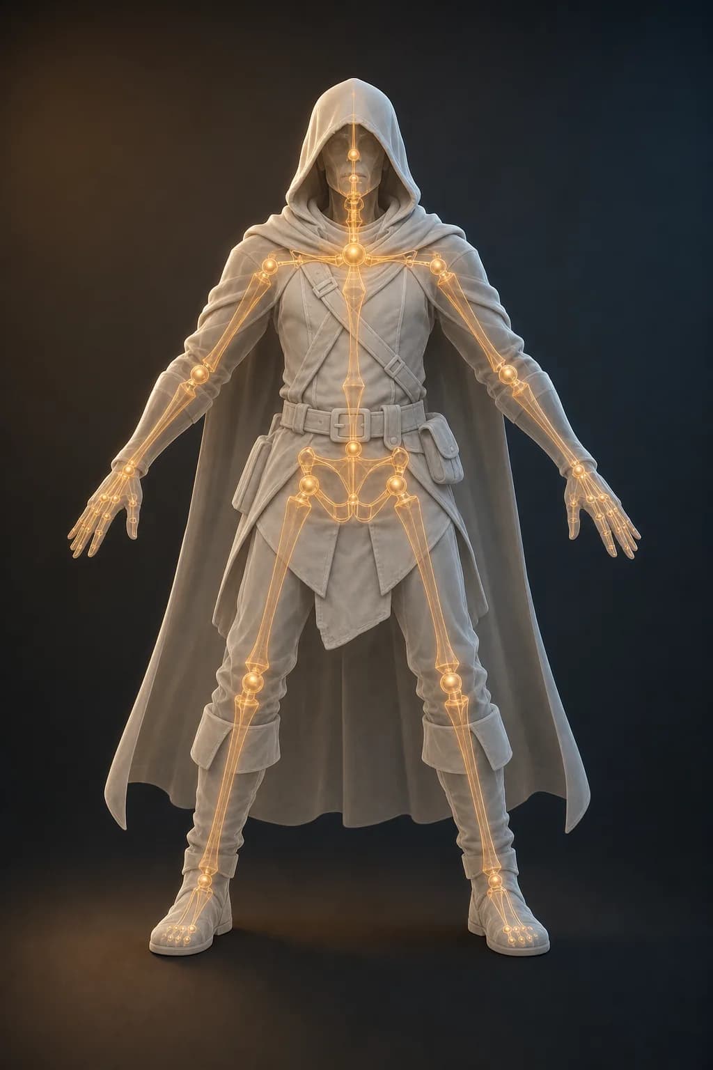 The character with its generated bone armature glowing through the mesh