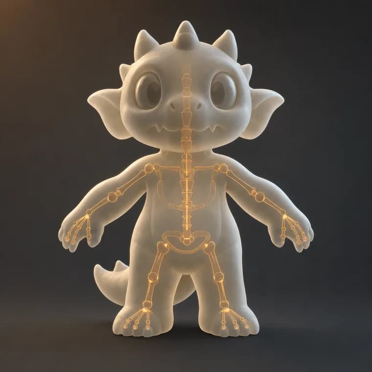 A cartoon dragon creature with a skeleton visible through its body
