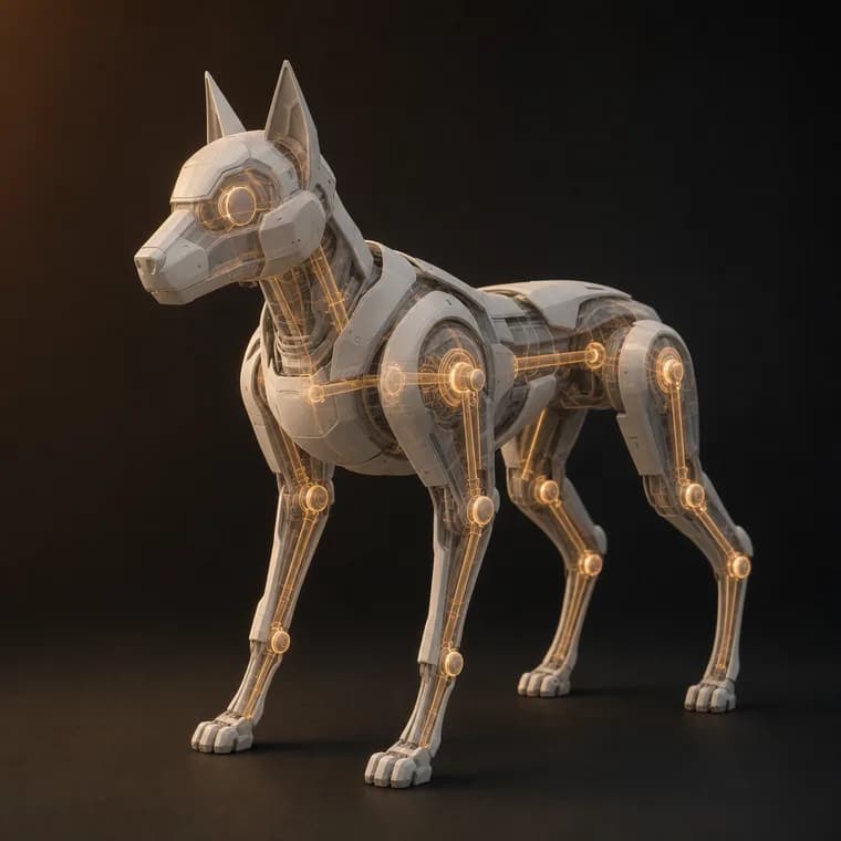 A 3D robot dog with articulated joint pivots visible along its legs and spine