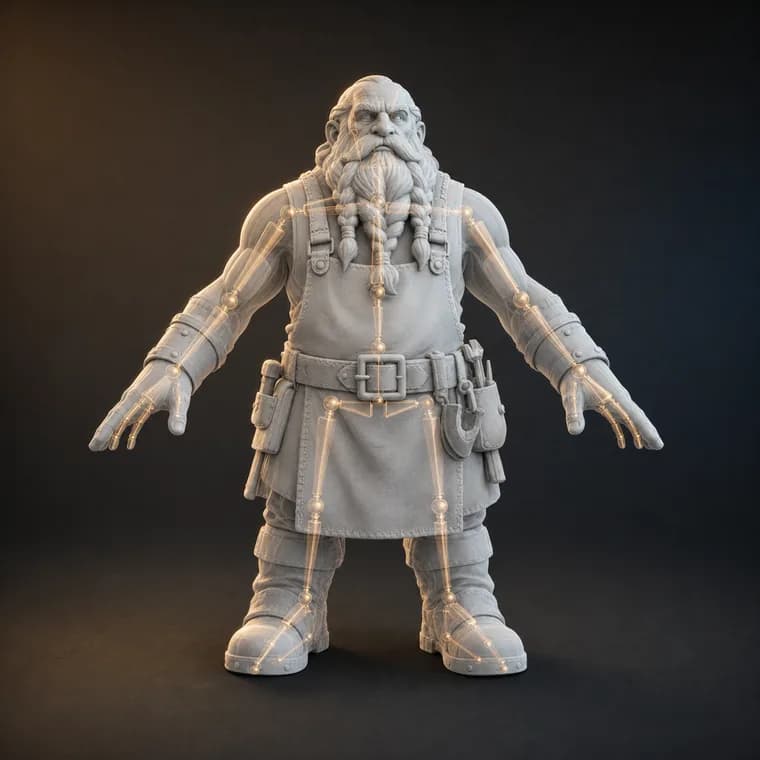 A 3D dwarf blacksmith character in an A-pose with a bone armature glowing through the mesh