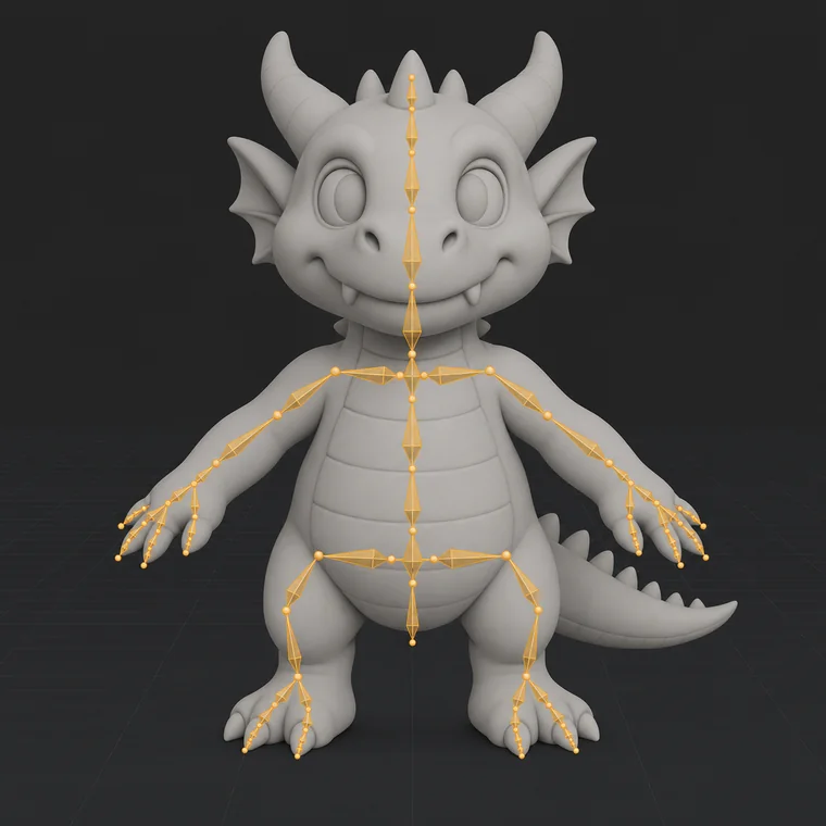 A cartoon dragon creature in a modelling viewport with a bone armature through its body and tail