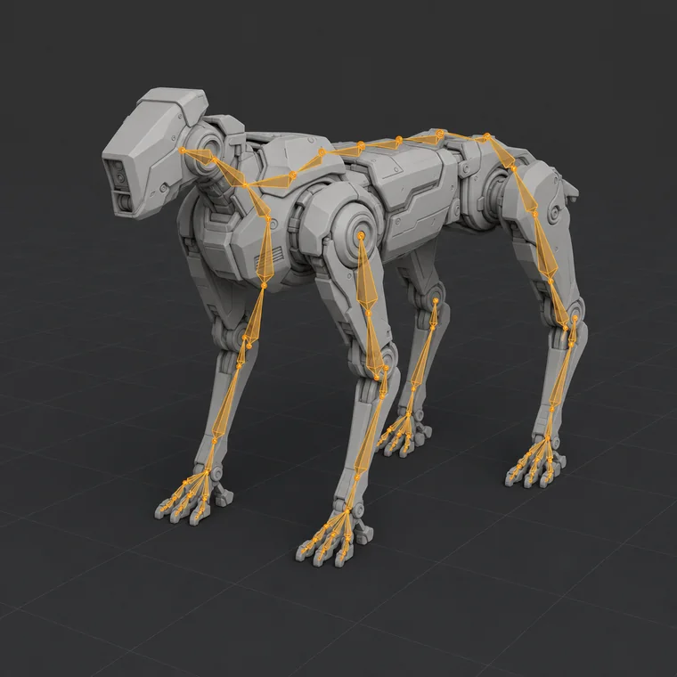 A 3D robot dog in a modelling viewport with a bone armature running through its spine and all four legs