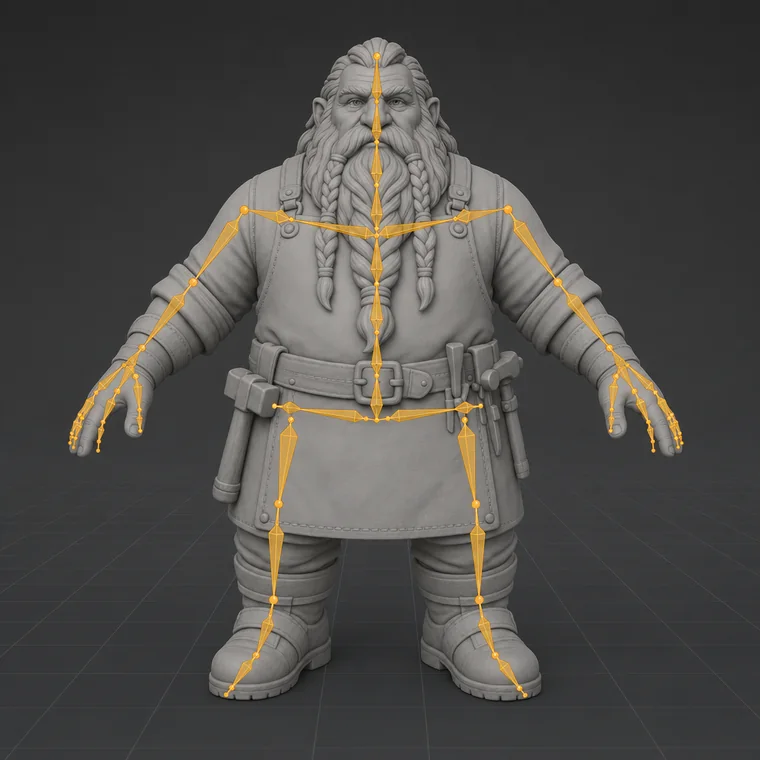 A 3D dwarf blacksmith in a modelling viewport, clay-shaded with an octahedral bone armature drawn over it