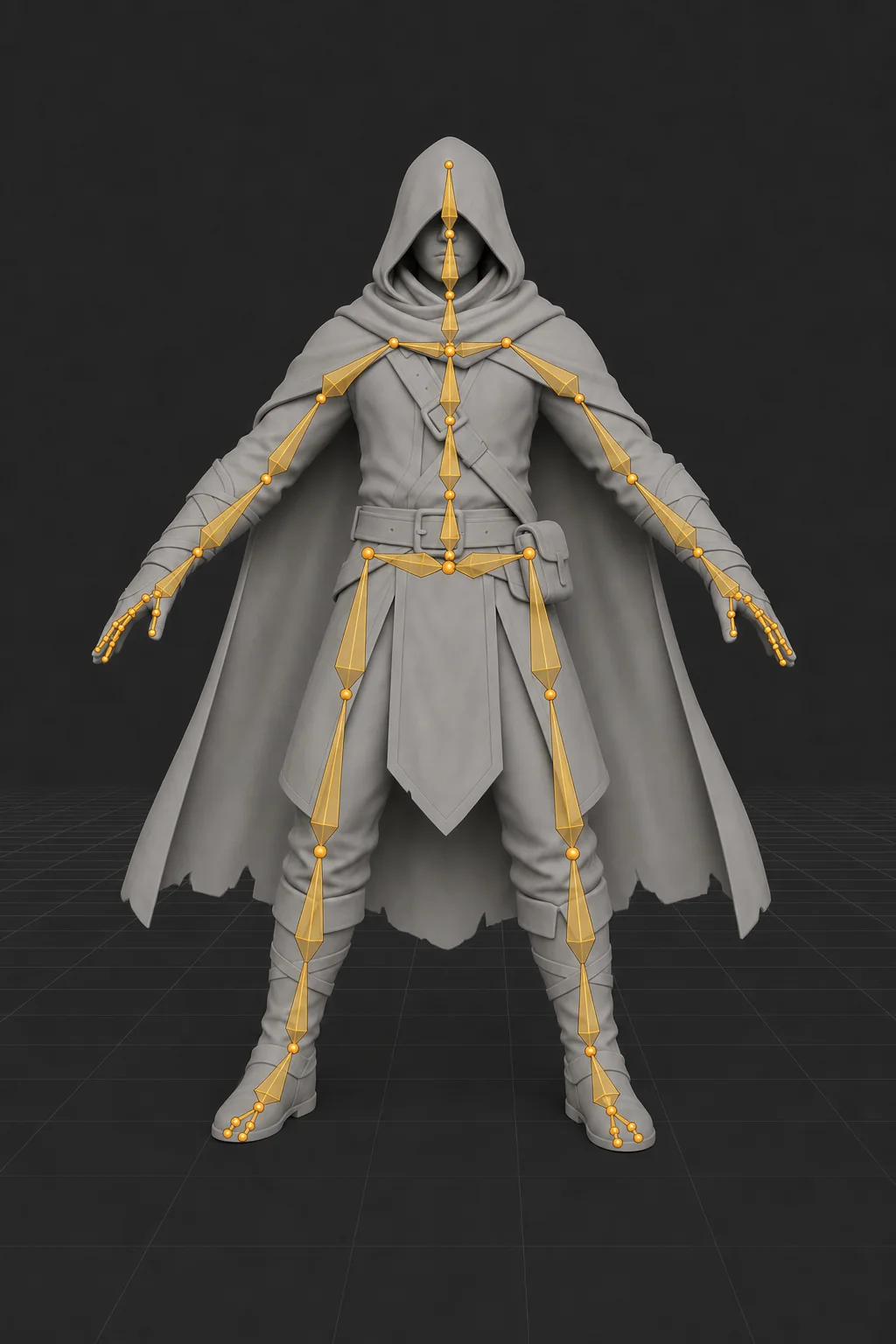 A clay-shaded 3D character in a modelling viewport with its generated octahedral bone armature drawn through the body and limbs